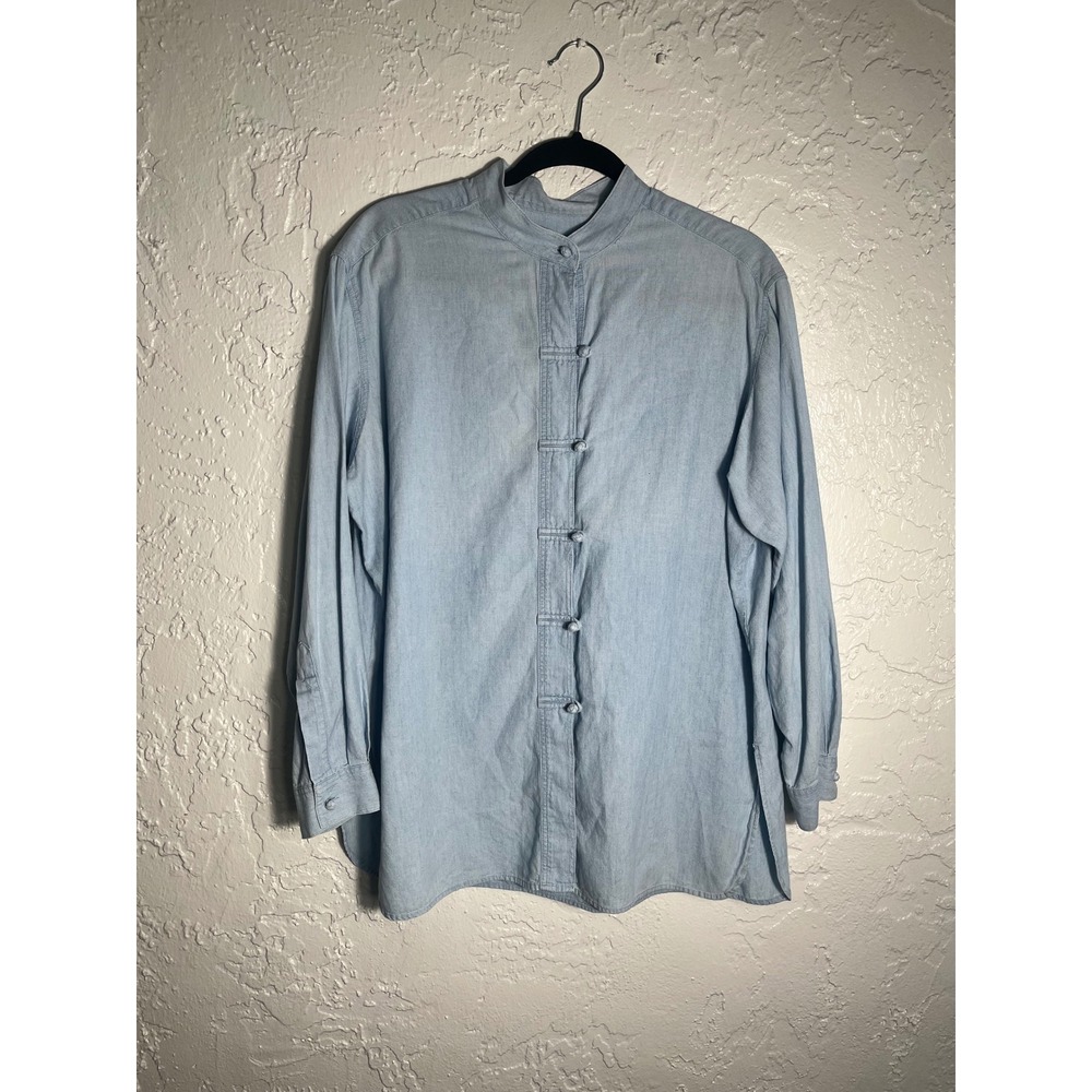 Vintage J. Jill Mandarin Collar Frog Button Tunic Shirt Light Blue Cotton Size M